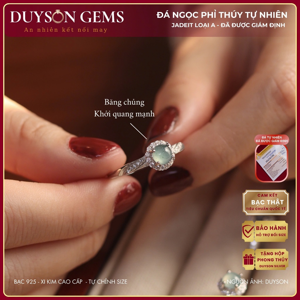 Nhẫn nữ Duyson Gems ngọc phỉ thúy cẩm thạch type A, nhẫn bạc Ý đính đá phong thủy Freesize NFXK22