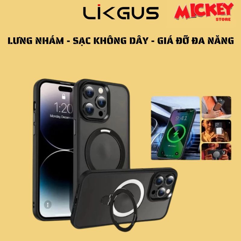 Ốp Likgus lưng mờ hỗ sạc không dây kèm ring cho IPhone 17Promax 17Pro 12 13 14 15 16Promax 16Pro