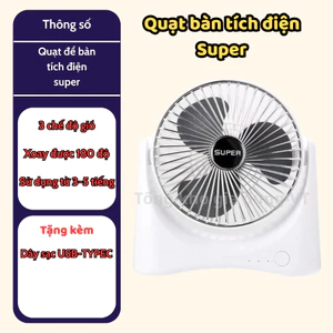 Quạt Tích Điện Super Fan, Quạt Để Bàn Mini 3 Chế Độ Mát Nhỏ Gọn Tiện Lợi Khi Mang Theo