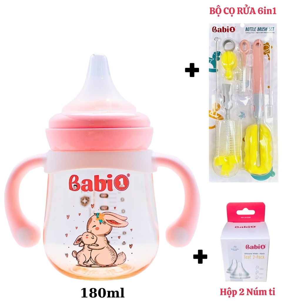 Combo Bộ Cọ Rửa Bình Sữa 6in1 Babi1 Và Bình Sữa PPSU Plus Có Tay Cầm (Đủ Size)