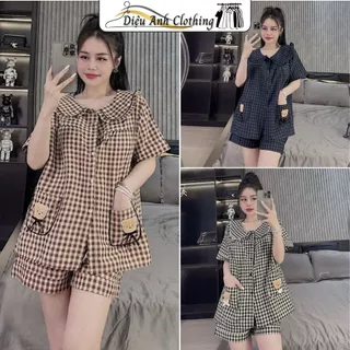 Bộ Ngủ Hè Nữ Kẻ Caro Cổ Sen 2 Túi Gấu Cộc Tay, Bộ Pijama Chất Đũi Mềm Mát Dễ Thương.