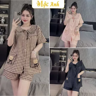 Bộ Ngủ Kẻ Caro Nữ Cổ Sen, Bộ Pijama Chất Đũi Mềm Mát Dễ Thương Freesize