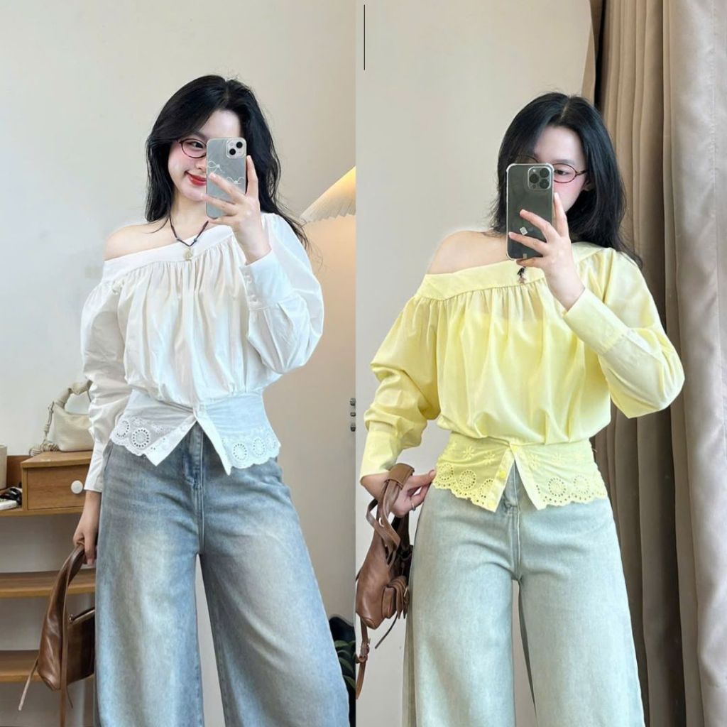 Áo sơ mi dài tay Joolate kiểu lệch vai ren bụng dáng tiểu thư siêu xinh