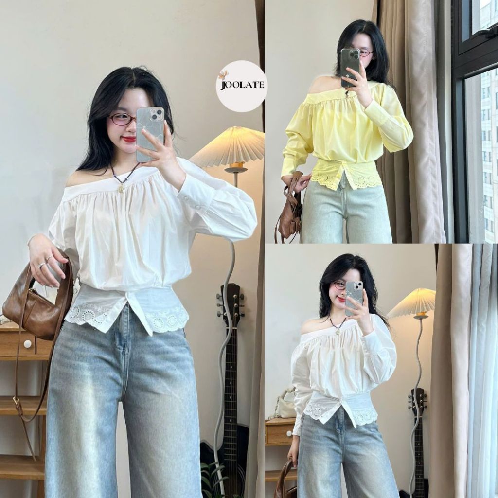 Áo sơ mi dài tay Joolate kiểu lệch vai ren bụng dáng tiểu thư siêu xinh