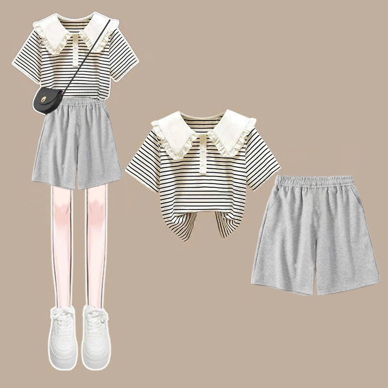 Áo cotton kẻ cổ bèo và Quần ngố kèm dây rút cho bé gái size đại BEESHOP H25084A - H25084Q