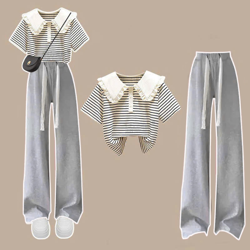 Áo cotton kẻ cổ bèo và Quần ngố kèm dây rút cho bé gái size đại BEESHOP H25084A - H25084Q
