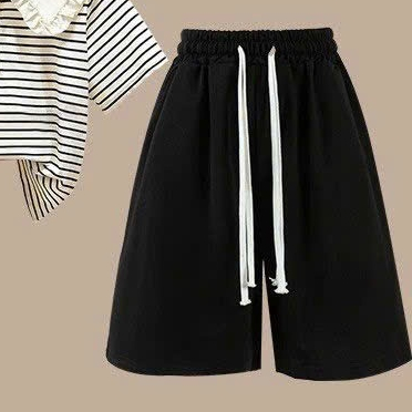 Áo cotton kẻ cổ bèo và Quần ngố kèm dây rút cho bé gái size đại BEESHOP H25084A - H25084Q