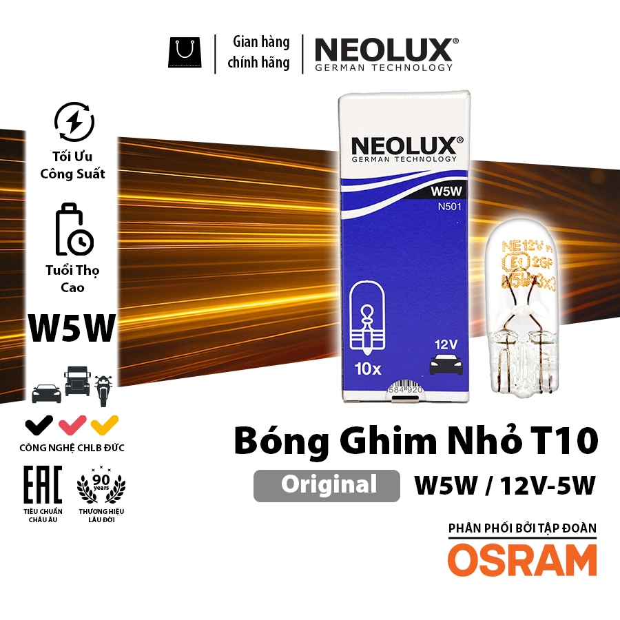 Combo 10 Bóng Đèn Chân Ghim Nhỏ 1 Tim T10 OSRAM NEOLUX W5W 12V 5W N501
