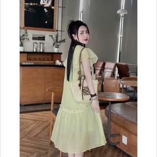 Váy bầu hè xinh sang màu be cốm 2 lớp kem cốm cánh tiên mới