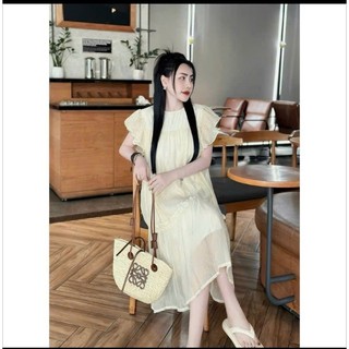 Váy bầu hè xinh sang màu be cốm 2 lớp kem cốm cánh tiên mới