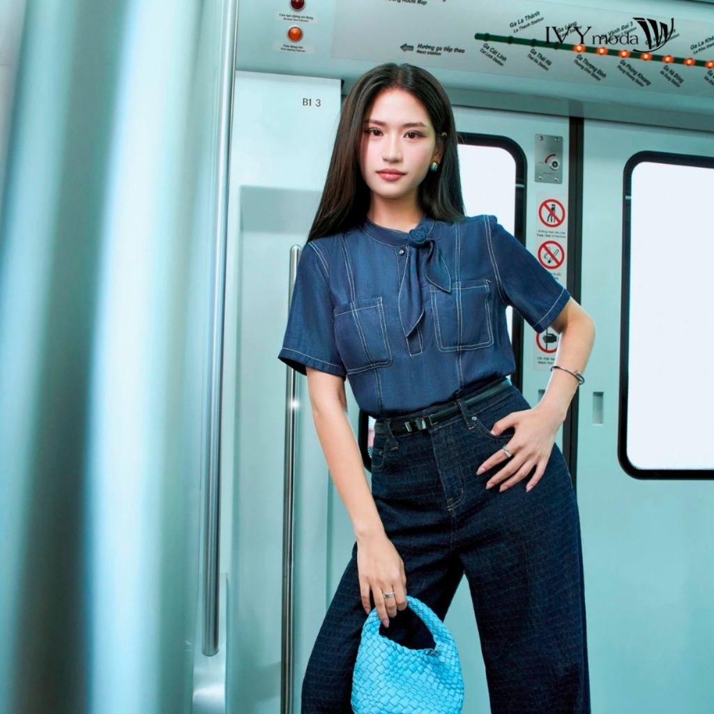 Ảnh Soft denim - Áo sơ mi cổ nơ bo gấu, Áo công sở nữ IVY moda MS 16B0098 3