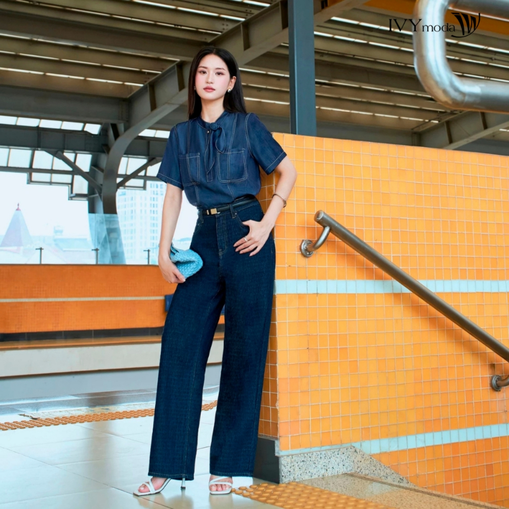 Ảnh Soft denim - Áo sơ mi cổ nơ bo gấu, Áo công sở nữ IVY moda MS 16B0098 1