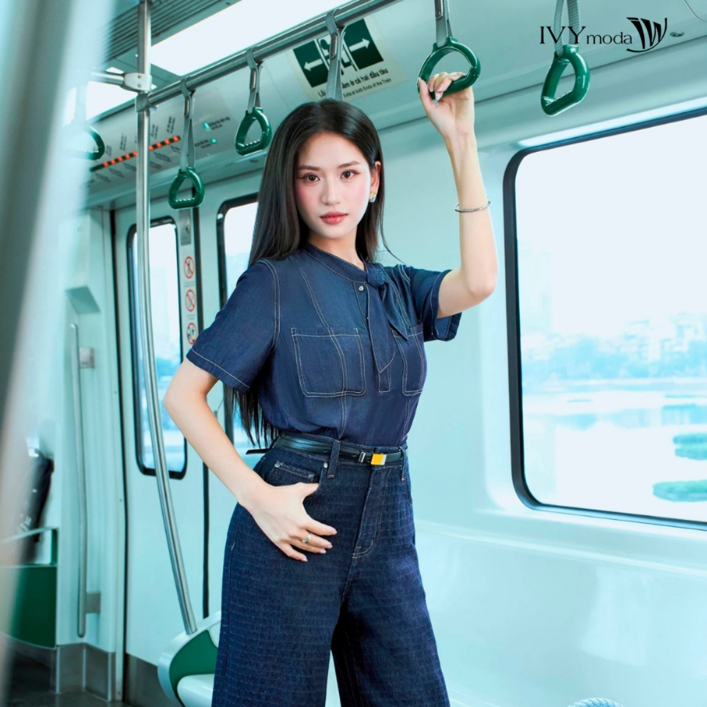 Ảnh Soft denim - Áo sơ mi cổ nơ bo gấu, Áo công sở nữ IVY moda MS 16B0098 2