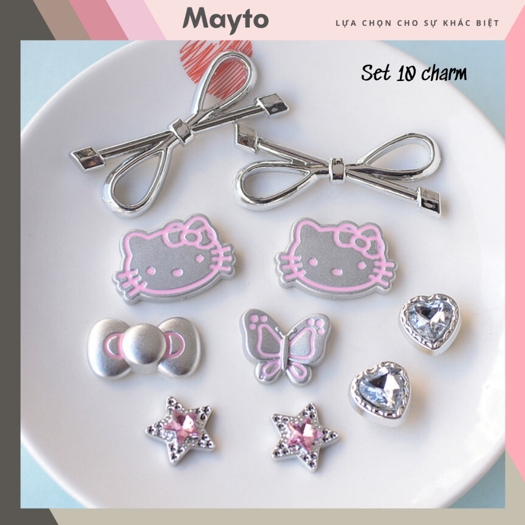 Bộ 10 Sticker, Charm 3D chủ đề Mèo nơ bạc nhựa cứng gắn Dép Sục, Cá Sấu ...