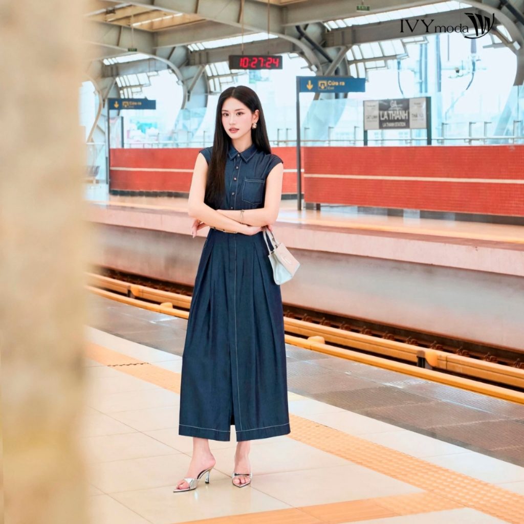 Ảnh Pleated Denim Dress - Đầm cổ đức, Đầm nữ công sở dạo phố IVY moda MS 47B0103 1
