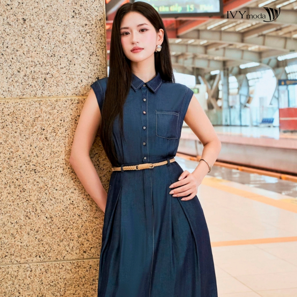Ảnh Pleated Denim Dress - Đầm cổ đức, Đầm nữ công sở dạo phố IVY moda MS 47B0103 3