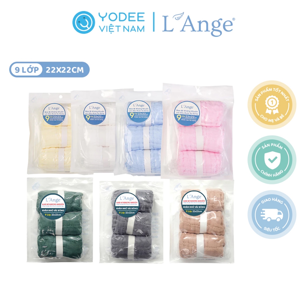 Ảnh Khăn lau mặt L'Ange chất liệu vải bông 9 lớp 22x22cm cho bé (set 3 cái) 1
