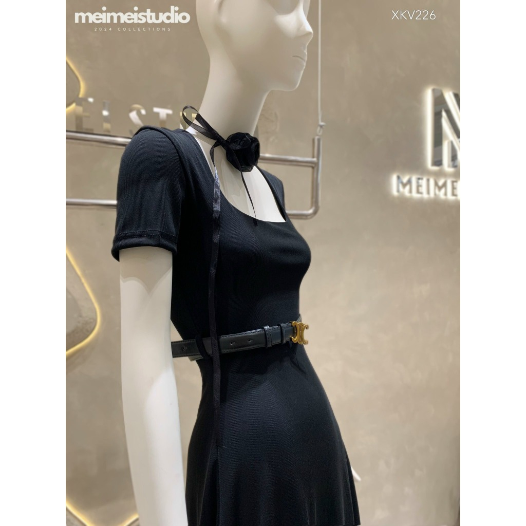Đầm váy cộc tay cổ thang kèm đai dáng xòe, Váy tay ngắn hở cổ chiết eo kèm belt dáng dài thanh lịch sang chảnh