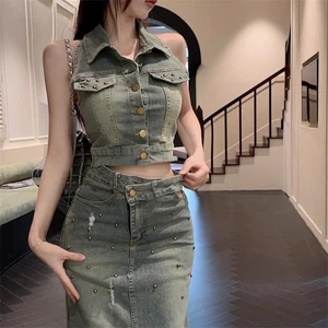 Set jean gile kèm chân váy đính ngọc xẻ tà tôn dáng, set bộ denim ba lỗ mẫu mới hit hot năm 2024 (HC37)