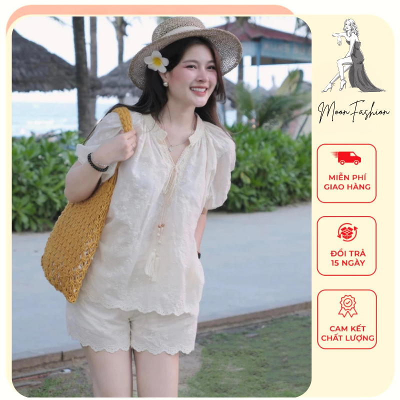 Đồ bộ nữ trắng cổ V tay bồng phối ren hoa mix quần short ngắn mặc đi biển, set đồ nữ phong cách nữ tính dễ thương
