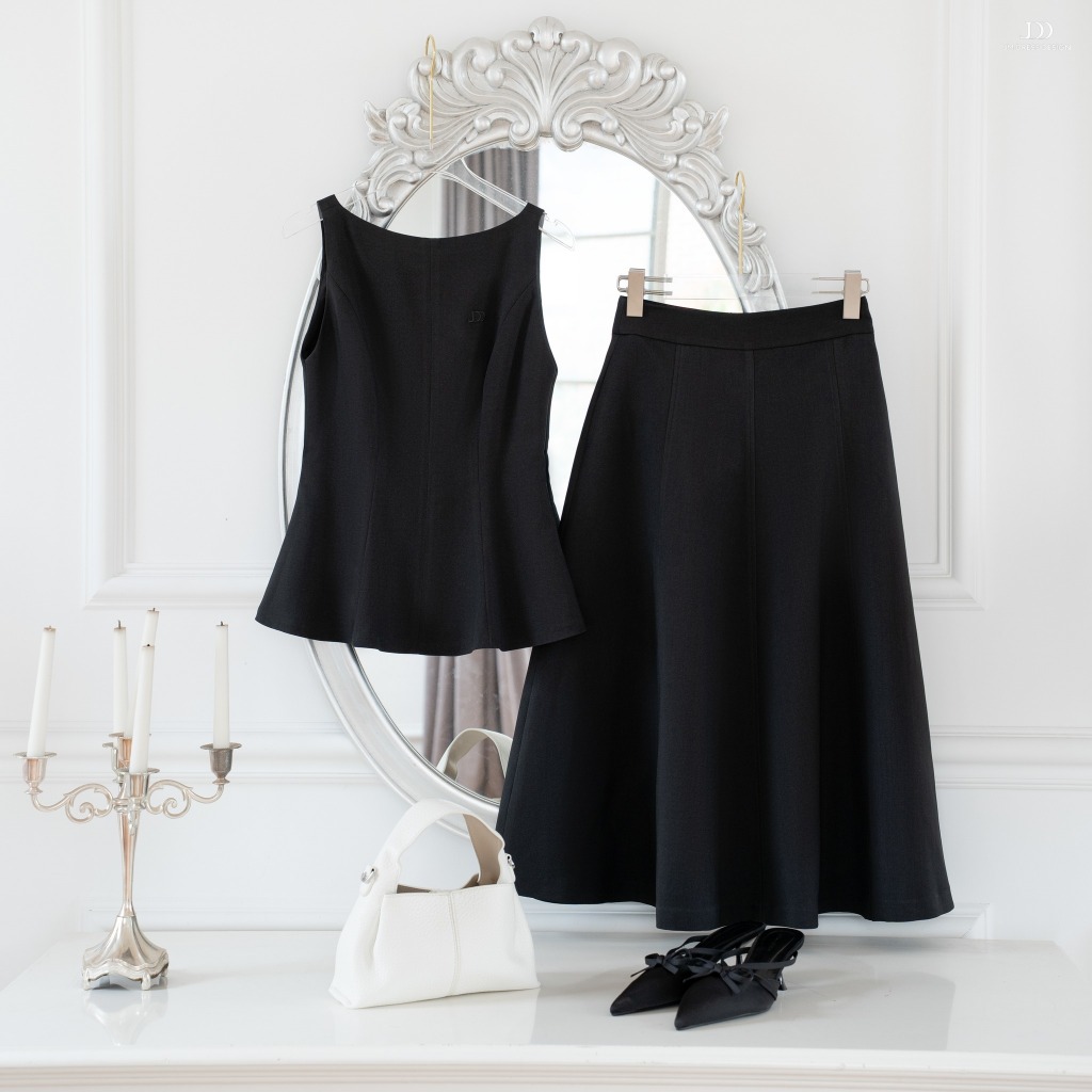 Set áo cổ ngang không tay peplum 2T25.2504K + chân váy midi bổ múi dáng xòe 4L03.2505K – thời trang công sở nữ JM