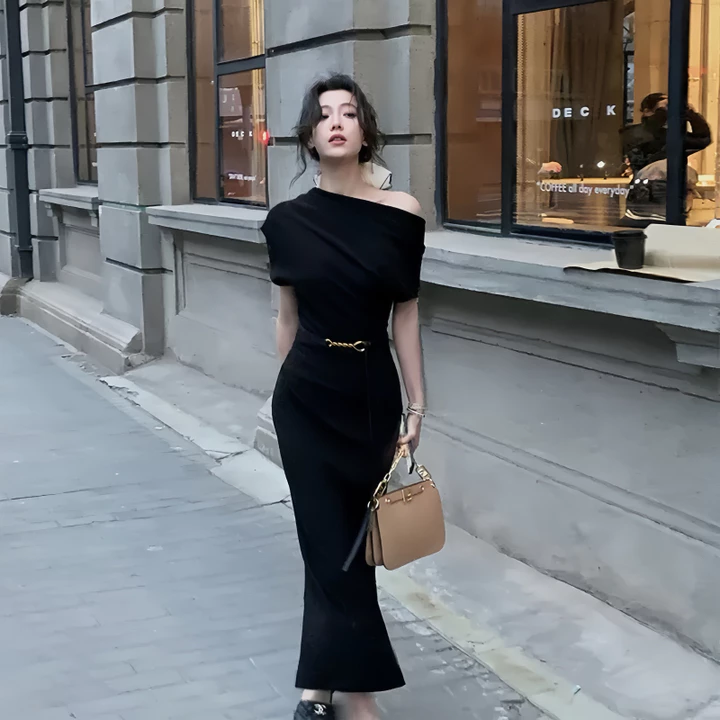 Váy trễ vai kiểu Pháp Váy trễ vai dài xẻ tà cho các bữa tiệcđầm body