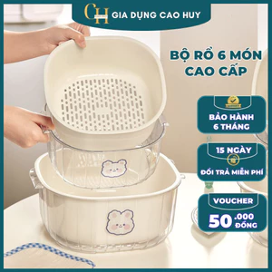 Set Rổ 6 Món Nhựa PP Nguyên Sinh Dày Dặn Cao Cấp, Hộp Đựng Rau Củ 3 Tầng Thông Minh