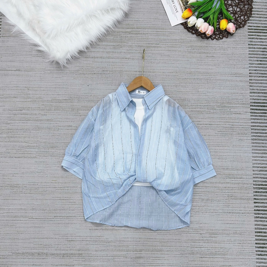 Áo Sơ Mi Nữ Kiểu Xoắn Lai Tay Lửng Vải Voan Mỏng Mát Thêu Ngựa Có Kèm Balỗ