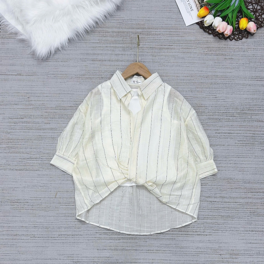 Áo Sơ Mi Nữ Kiểu Xoắn Lai Tay Lửng Vải Voan Mỏng Mát Thêu Ngựa Có Kèm Balỗ