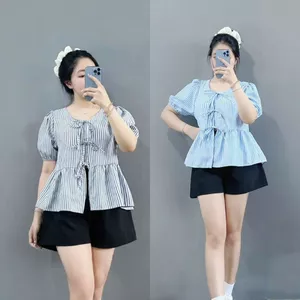 Áo Babydoll Kẻ Bigsize Nữ Nơ Tay Bồng bo chun siêu hot, áo nữ kiểu dáng Hàn Quốc 50-95kg