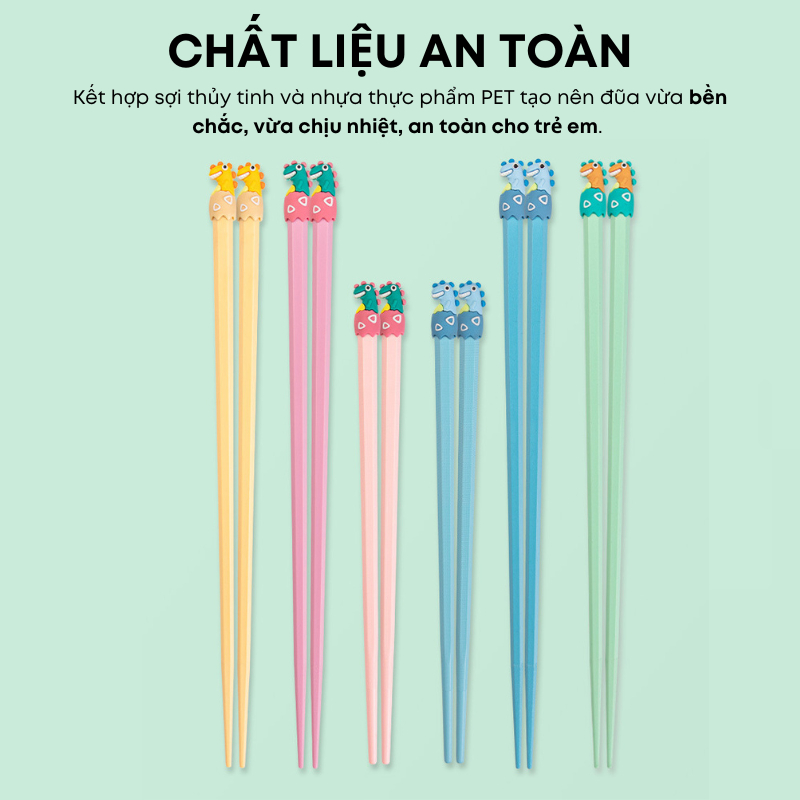 Đũa Trẻ Em Ngắn 20.8cm Hoạ Tiết Khủng Long Chất Liệu Sợi Thủy Tinh Không Mốc, Chịu Nhiệt - Đũa Cho Bé Cao Cấp | 276