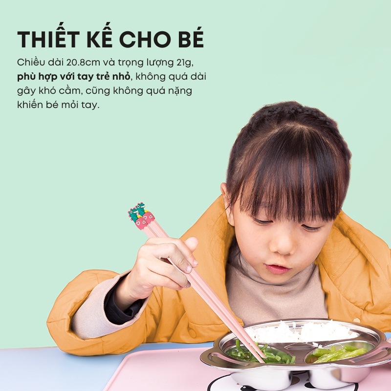 Đũa Trẻ Em Ngắn 20.8cm Hoạ Tiết Khủng Long Chất Liệu Sợi Thủy Tinh Không Mốc, Chịu Nhiệt - Đũa Cho Bé Cao Cấp | 276