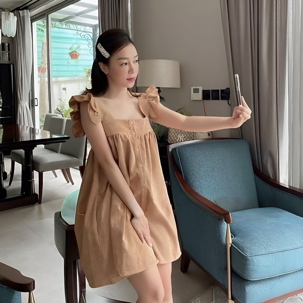 Váy đũi form suông rộng cổ vuông cánh tiên cài cúc dáng lỡ Đầm bầu nữ tính bánh bèo bigsize oversize xinh T640G