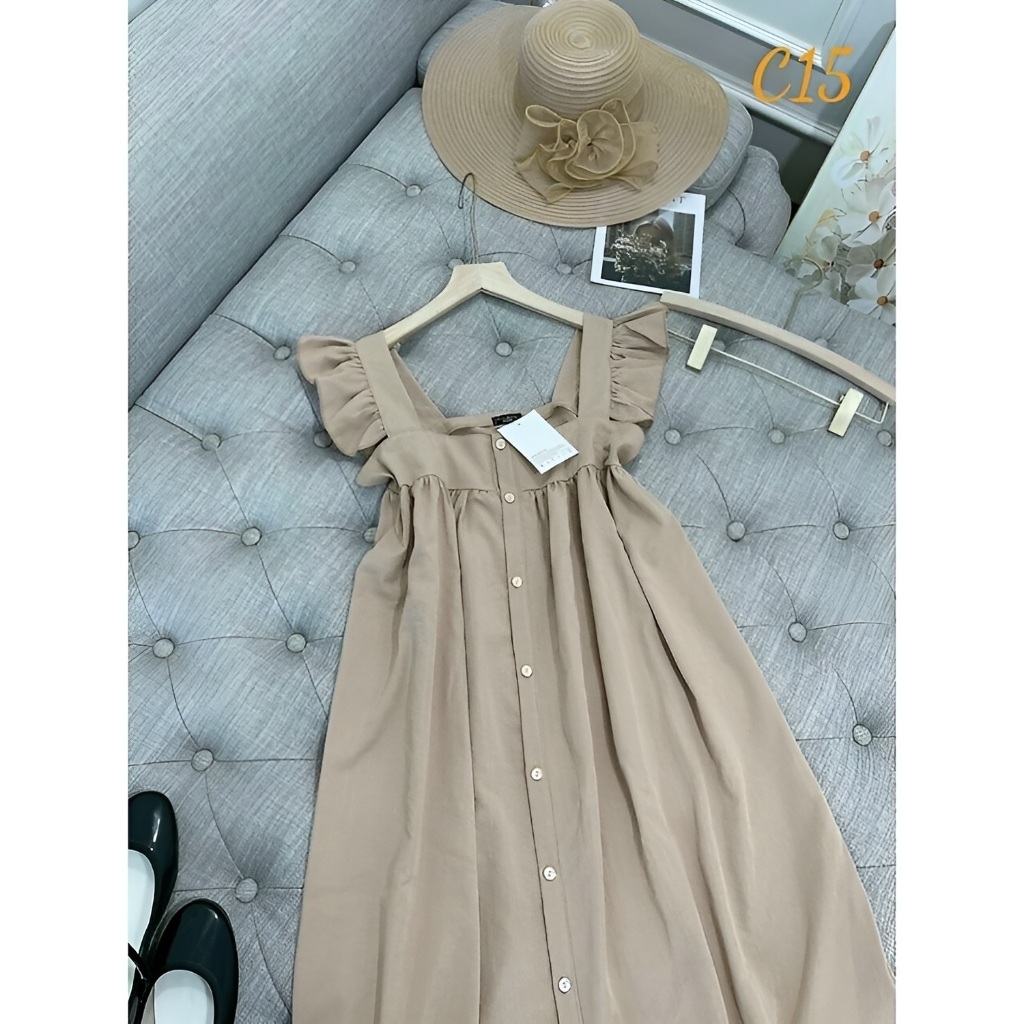 Váy đũi form suông rộng cổ vuông cánh tiên cài cúc dáng lỡ Đầm bầu nữ tính bánh bèo bigsize oversize xinh T640G