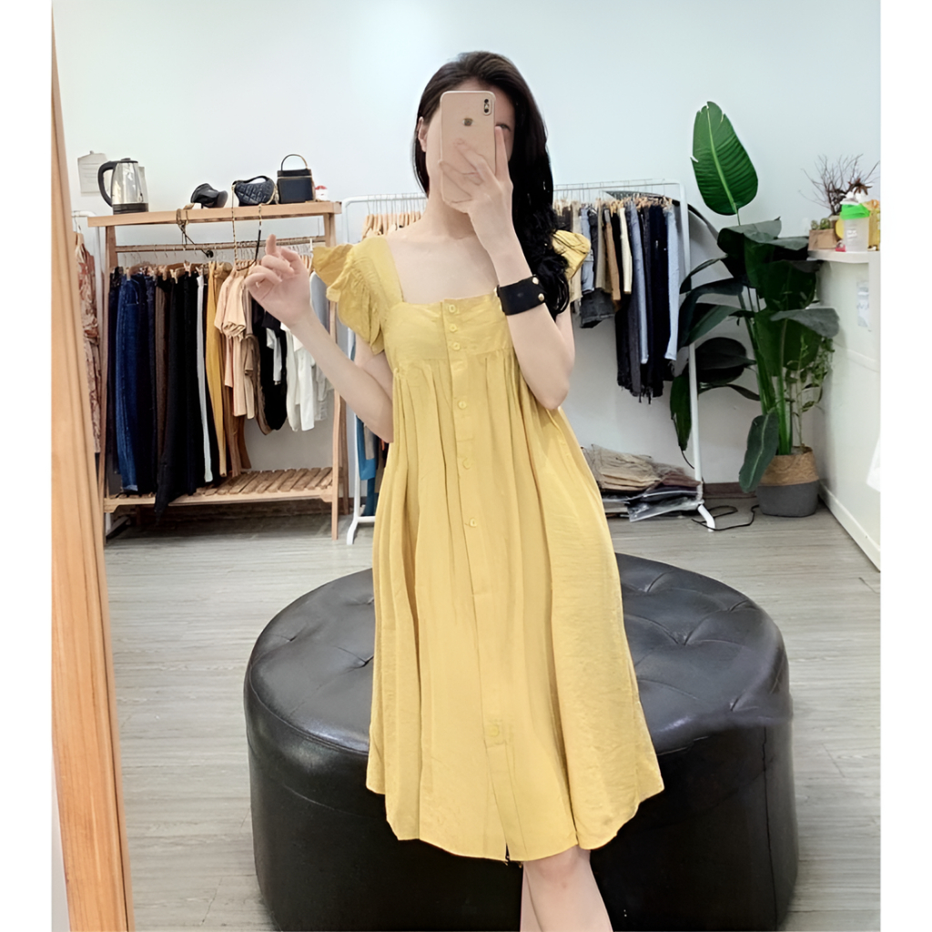 Váy đũi form suông rộng cổ vuông cánh tiên cài cúc dáng lỡ Đầm bầu nữ tính bánh bèo bigsize oversize xinh T640G