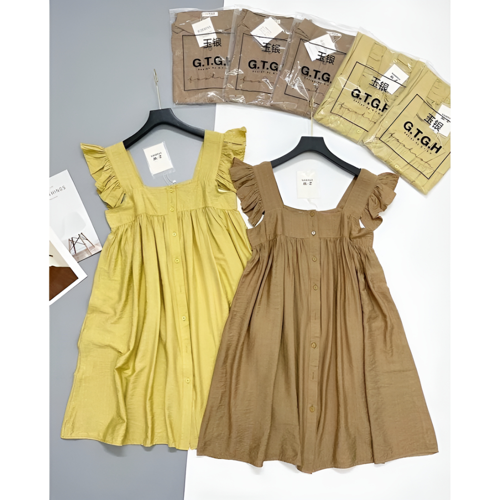 Váy đũi form suông rộng cổ vuông cánh tiên cài cúc dáng lỡ Đầm bầu nữ tính bánh bèo bigsize oversize xinh T640G