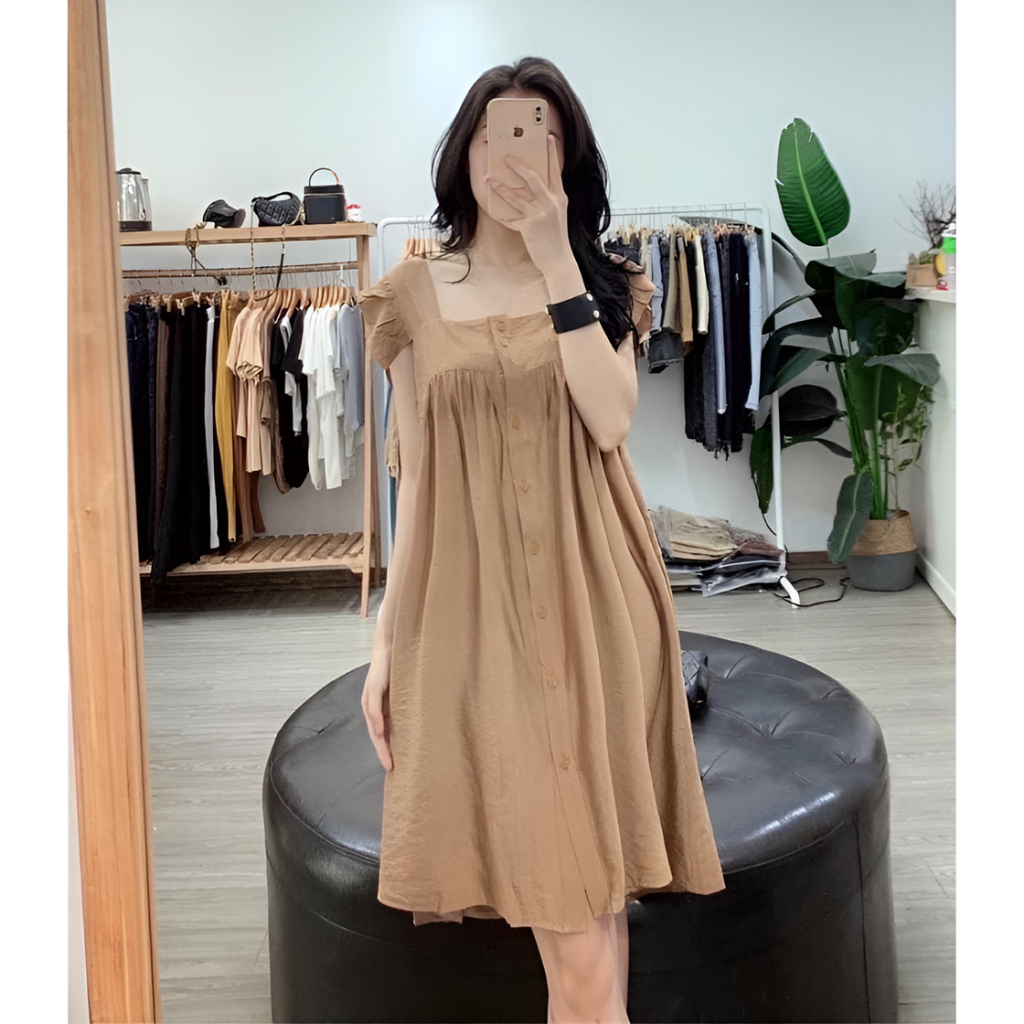 Váy đũi form suông rộng cổ vuông cánh tiên cài cúc dáng lỡ Đầm bầu nữ tính bánh bèo bigsize oversize xinh T640G