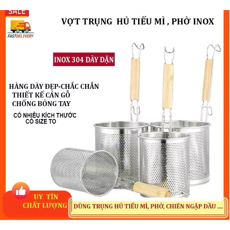 Vợt inox cán gỗ trụng hủ tiếu, phở, trung rau, vớt xương tiện lợi cao ...
