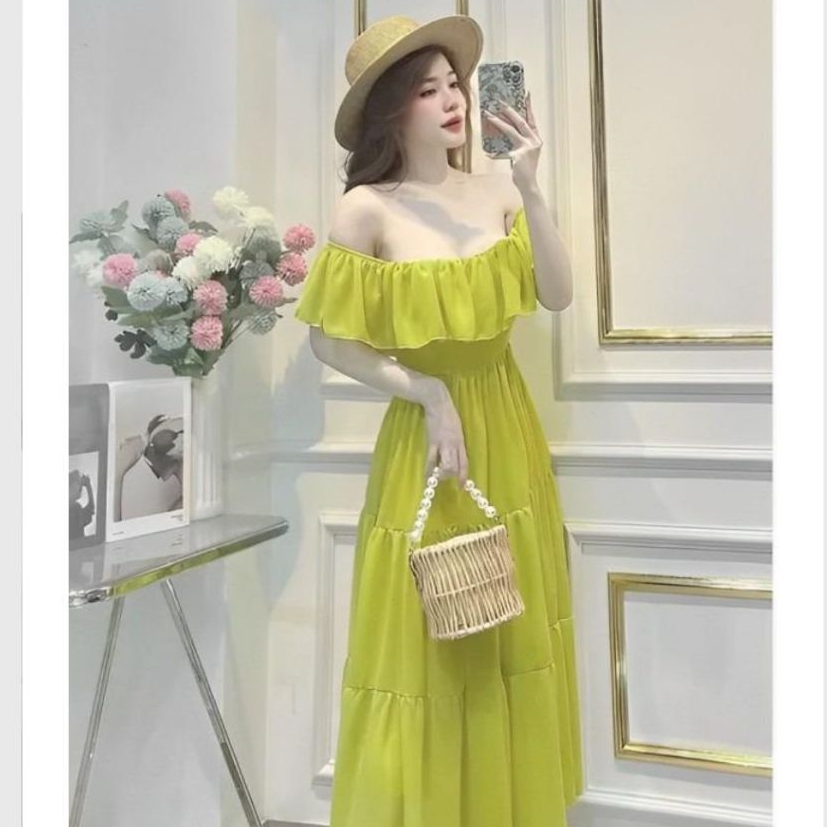 Váy trễ vai maxi viền bèo không tay đi biển dáng xòe 3 tầng màu xanh cốm hồng neon rực rỡ Đầm nữ du lịch dáng dài T612G