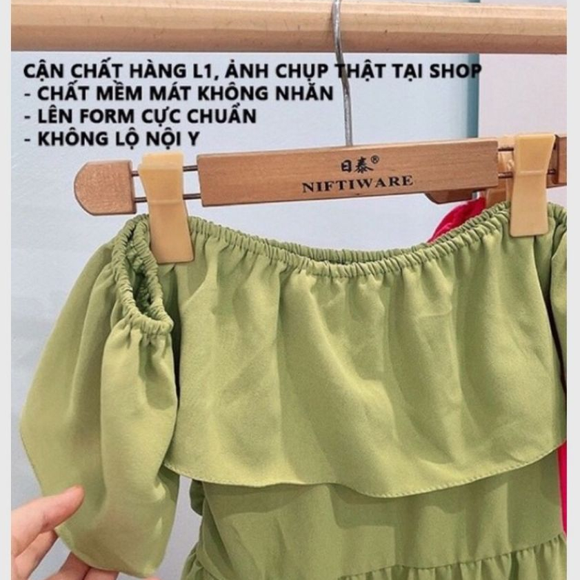 Váy trễ vai maxi viền bèo không tay đi biển dáng xòe 3 tầng màu xanh cốm hồng neon rực rỡ Đầm nữ du lịch dáng dài T612G