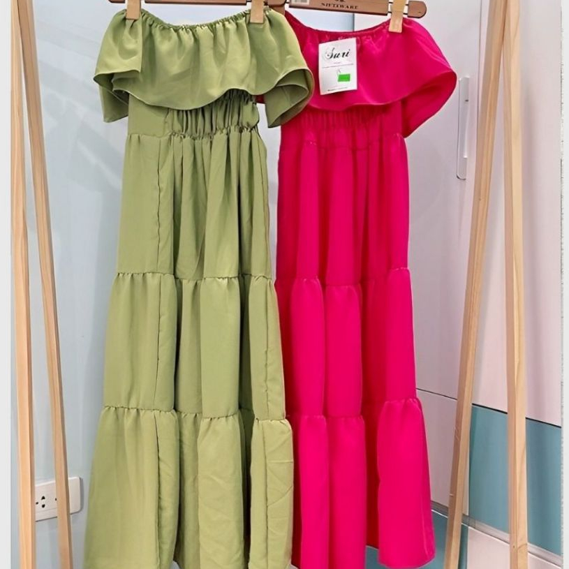 Váy trễ vai maxi viền bèo không tay đi biển dáng xòe 3 tầng màu xanh cốm hồng neon rực rỡ Đầm nữ du lịch dáng dài T612G