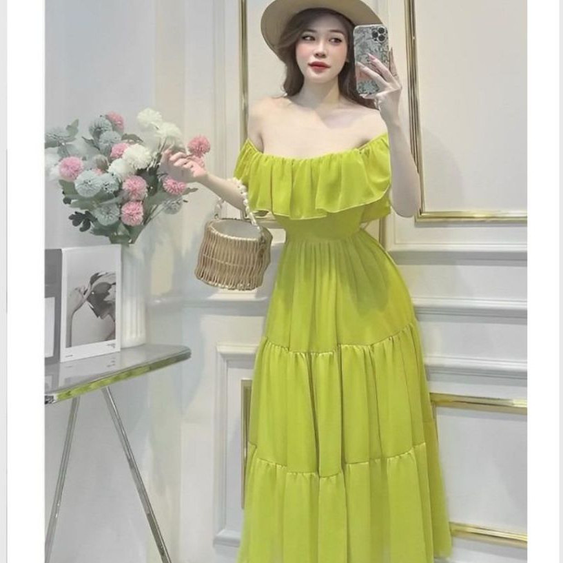 Váy trễ vai maxi viền bèo không tay đi biển dáng xòe 3 tầng màu xanh cốm hồng neon rực rỡ Đầm nữ du lịch dáng dài T612G
