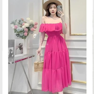 Váy trễ vai maxi viền bèo không tay đi biển dáng xòe 3 tầng màu xanh cốm hồng neon rực rỡ Đầm nữ du lịch dáng dài T612G