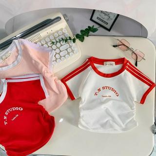 AT24-[tomnaukids] Áo thun cộc tay viền phối bé gái phong cách thể thao in chữ Tom&Nau - Size 8-35Kg