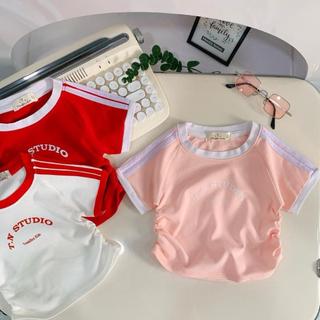 AT24-[tomnaukids] Áo thun cộc tay viền phối bé gái phong cách thể thao in chữ Tom&Nau - Size 8-35Kg