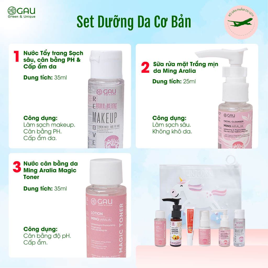 Bộ/Set Mini Du lịch Travel tới 7 món Chăm sóc Mặt và Toàn thân GAU Cho cả Gia Đình Thơm Sạch An lành