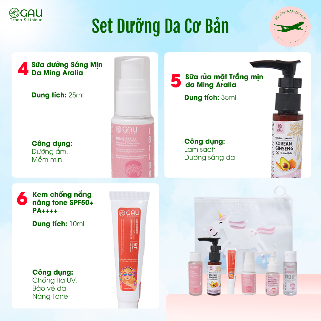 Bộ/Set Mini Du lịch Travel tới 7 món Chăm sóc Mặt và Toàn thân GAU Cho cả Gia Đình Thơm Sạch An lành