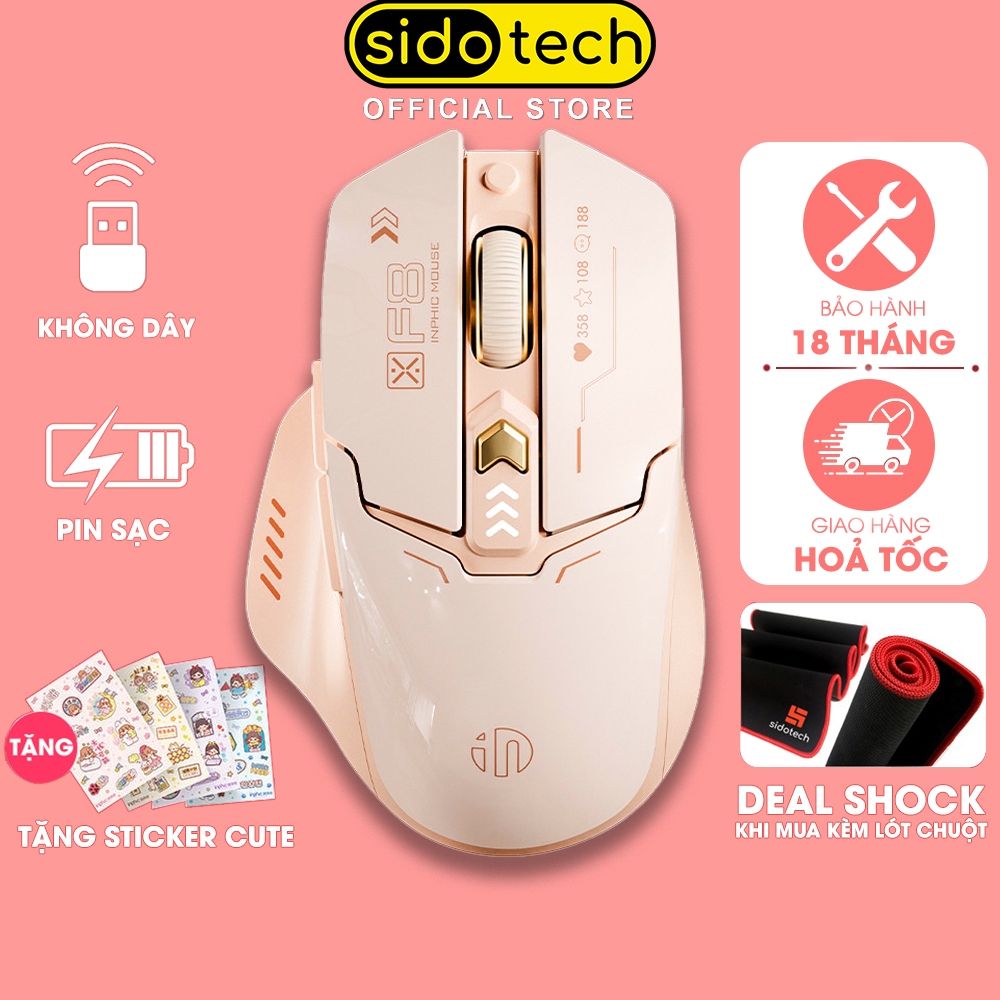 Chuột không dây gaming SIDOTECH INPHIC F8-NEW pin sạc silent hồng cute 6 nút wireless máy tính laptop | BigBuy360 - bigbuy360.vn