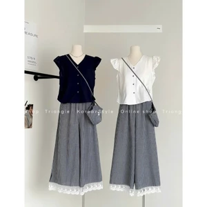 Triangle - Caro Set (Giá thanh lý, không hoàn)- Set áo linen mix quần ống rộng kẻ caro phong cách Hàn Quốc