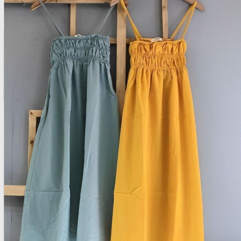 Váy 2 dây dáng dài qua gối bo chun ngực vàng xanh Đầm nữ đi biển du lịch dáng xòe chất đũi xinh hè thu T620G